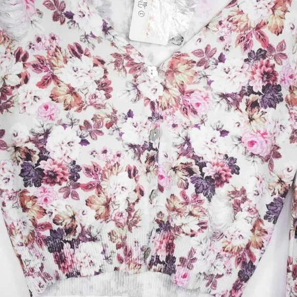 For Love and Lemons Floral Crop Distressed Knit Cardigan Sweater Small Madison
