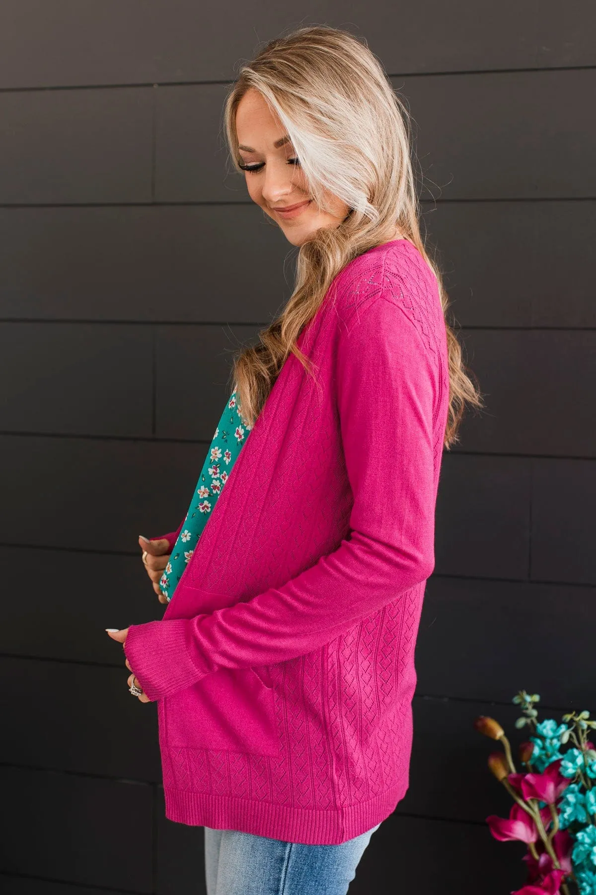 Found Myself Open Front Knit Cardigan- Hot Pink
