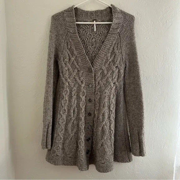 Free People Grey Pointelle Knit Button Down Cardigan XS
