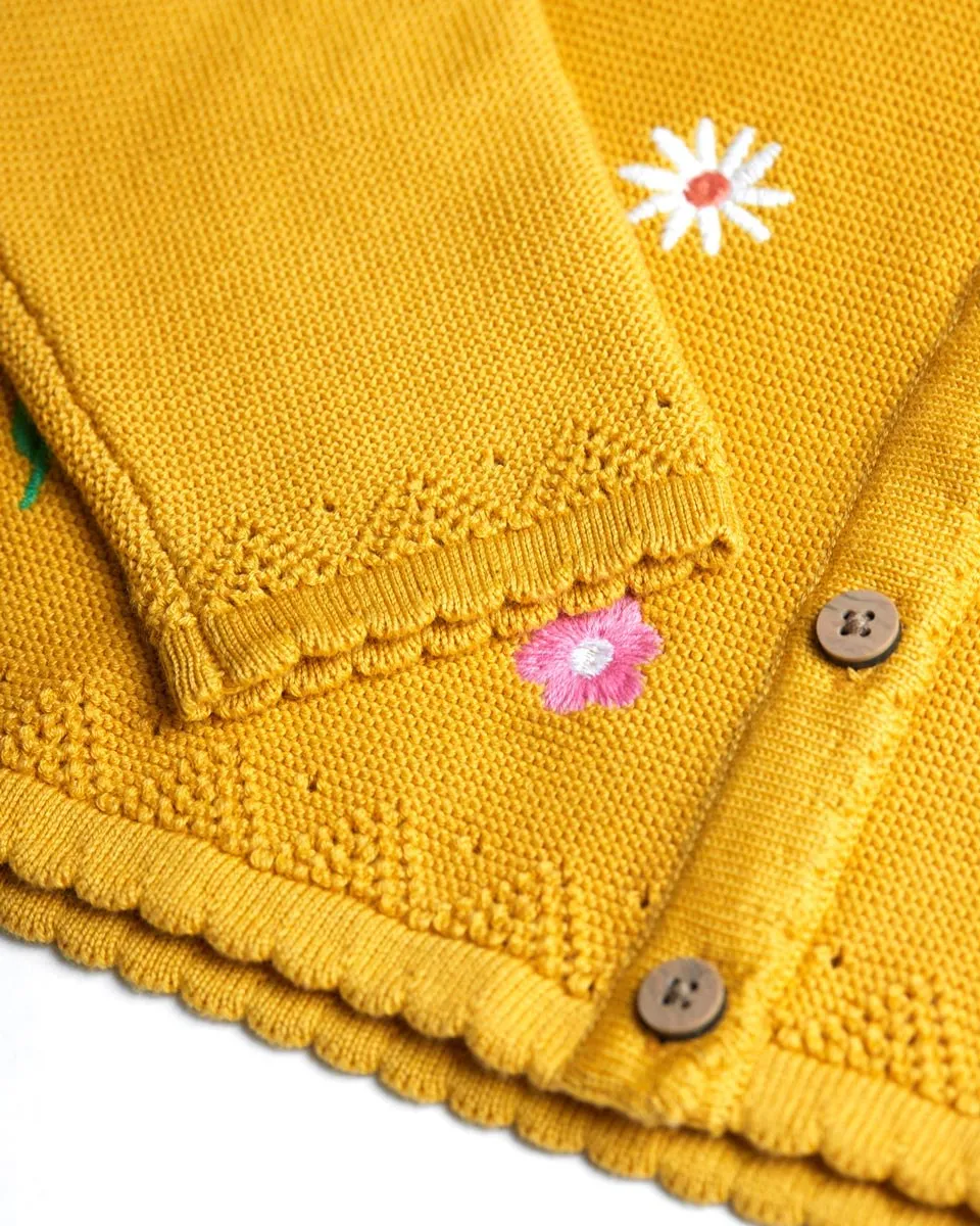 Frugi Maia Embroidered Cardigan, Bumblebee/Flowers- Organic Children's Clothing