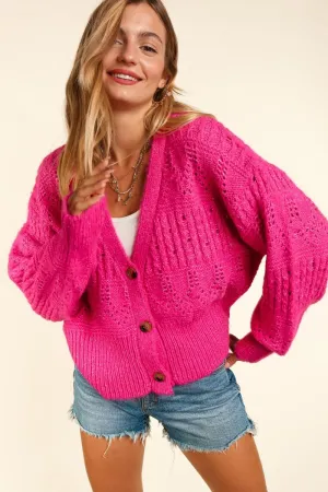Fuchsia Pink Button Down Cropped Long Sleeve Cardigan Sweater