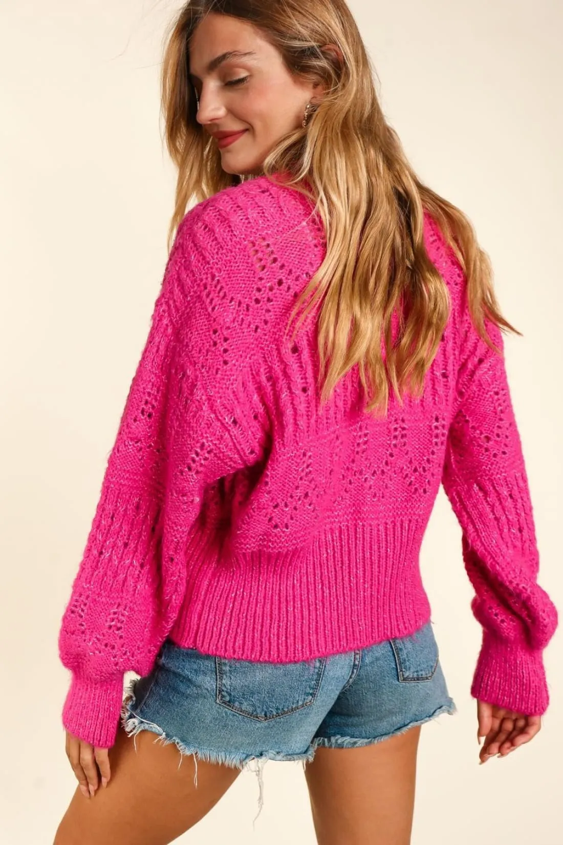 Fuchsia Pink Button Down Cropped Long Sleeve Cardigan Sweater