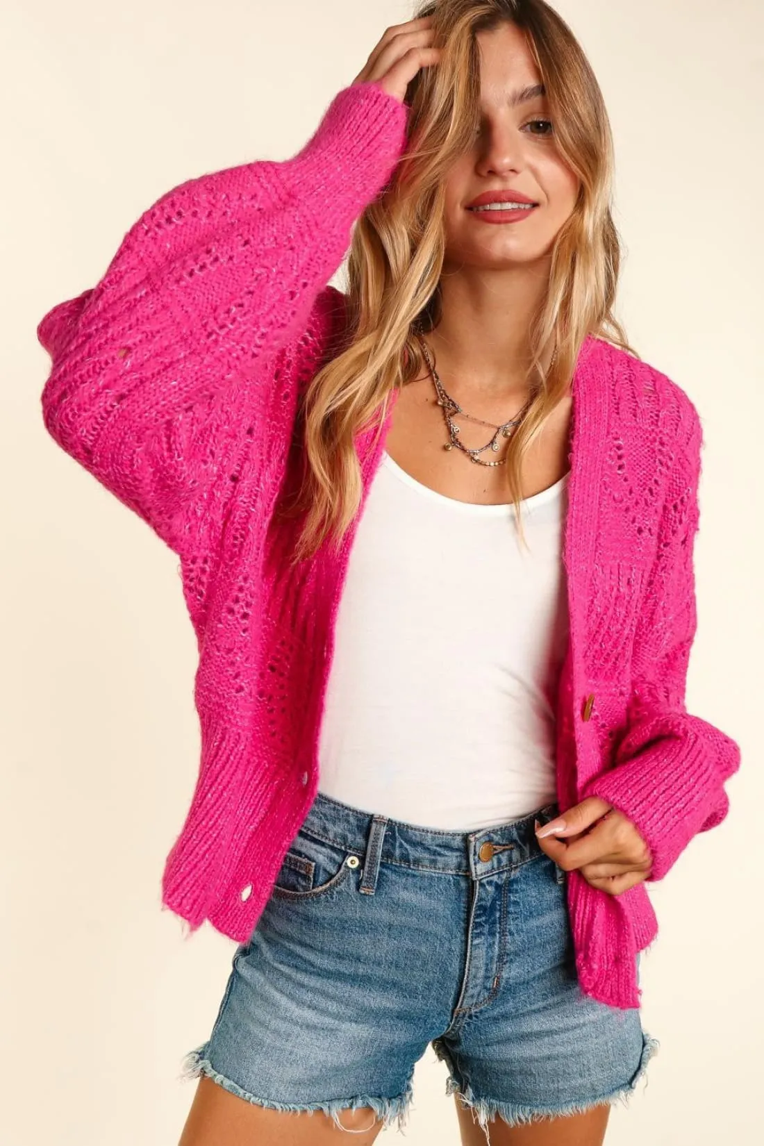 Fuchsia Pink Button Down Cropped Long Sleeve Cardigan Sweater
