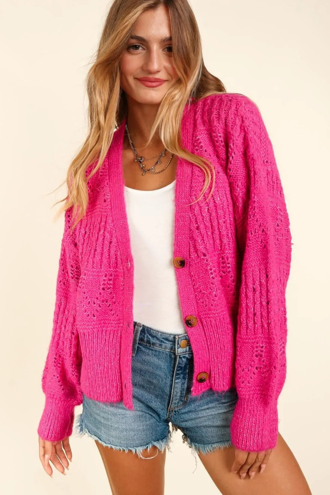 Fuchsia Pink Button Down Cropped Long Sleeve Cardigan Sweater