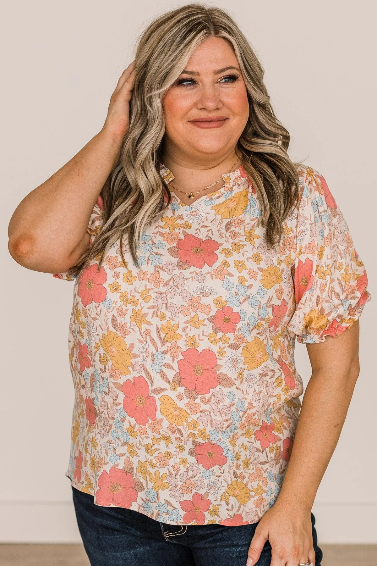 Full Of Happiness Floral Blouse- Cream & Pink