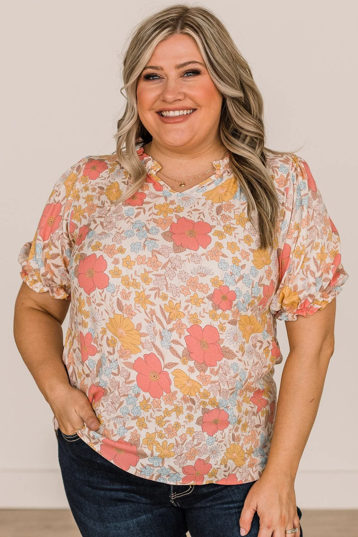 Full Of Happiness Floral Blouse- Cream & Pink