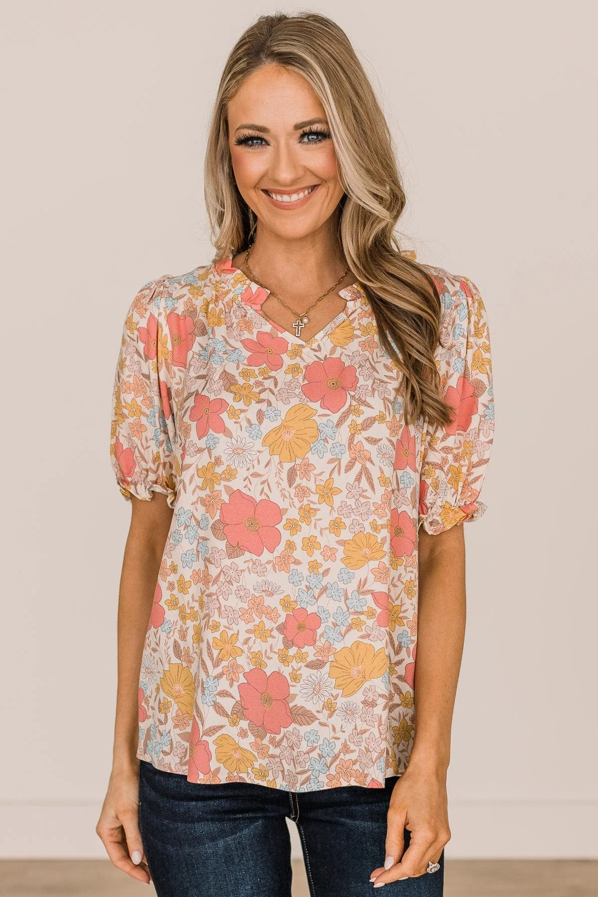 Full Of Happiness Floral Blouse- Cream & Pink