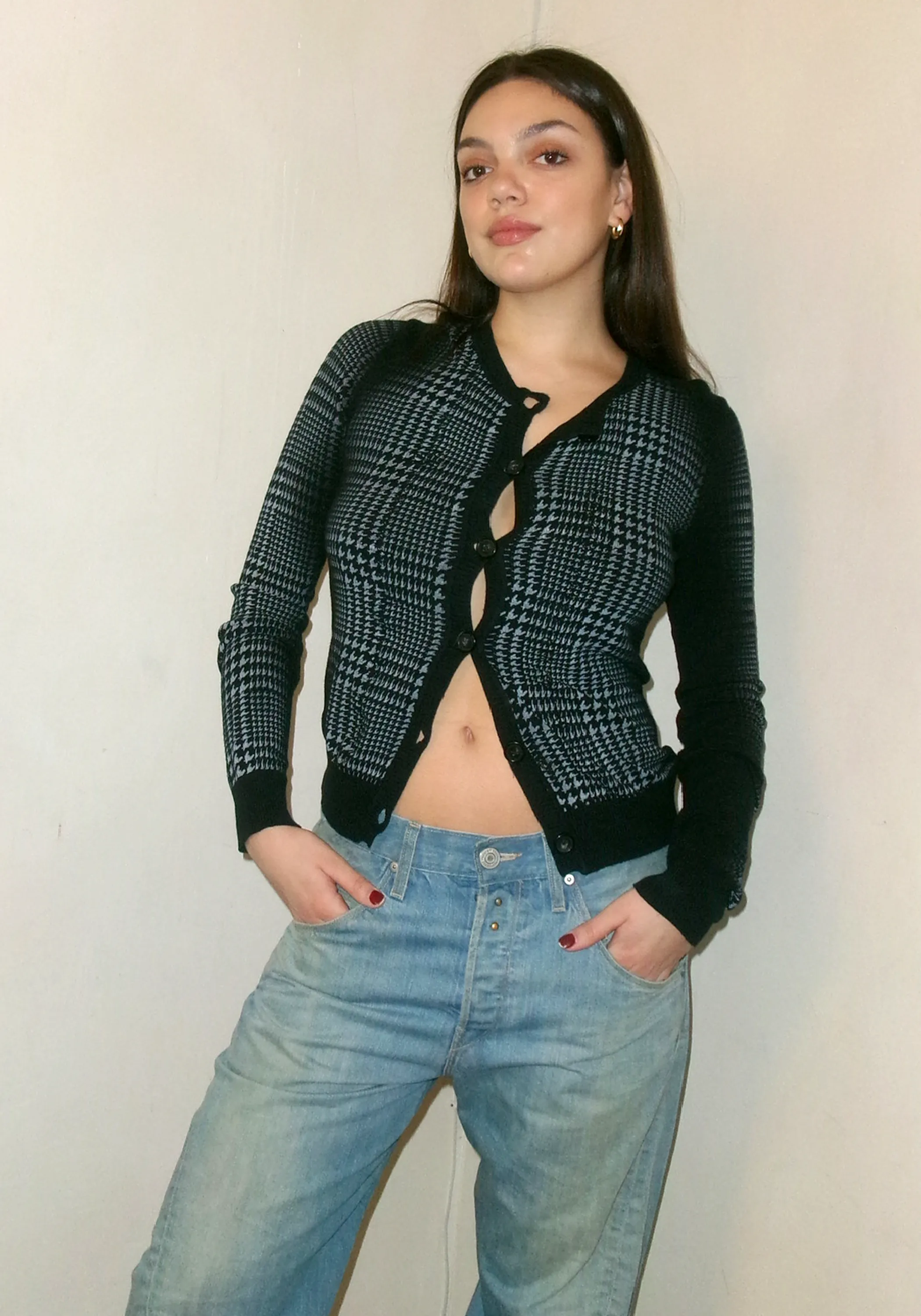 Gianfranco Ferre Houndstooth Navy Printed Cardigan
