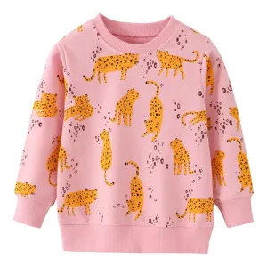 Girls Animals Print Cotton Sweatshirt - Pink