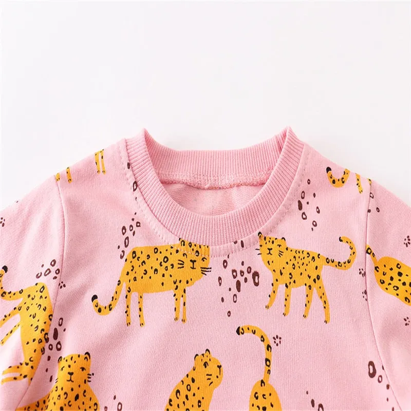 Girls Animals Print Cotton Sweatshirt - Pink