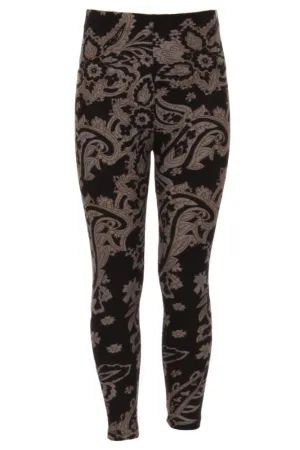 Girl's Taupe Color Paisley Pattern Print Leggings - Black Grey