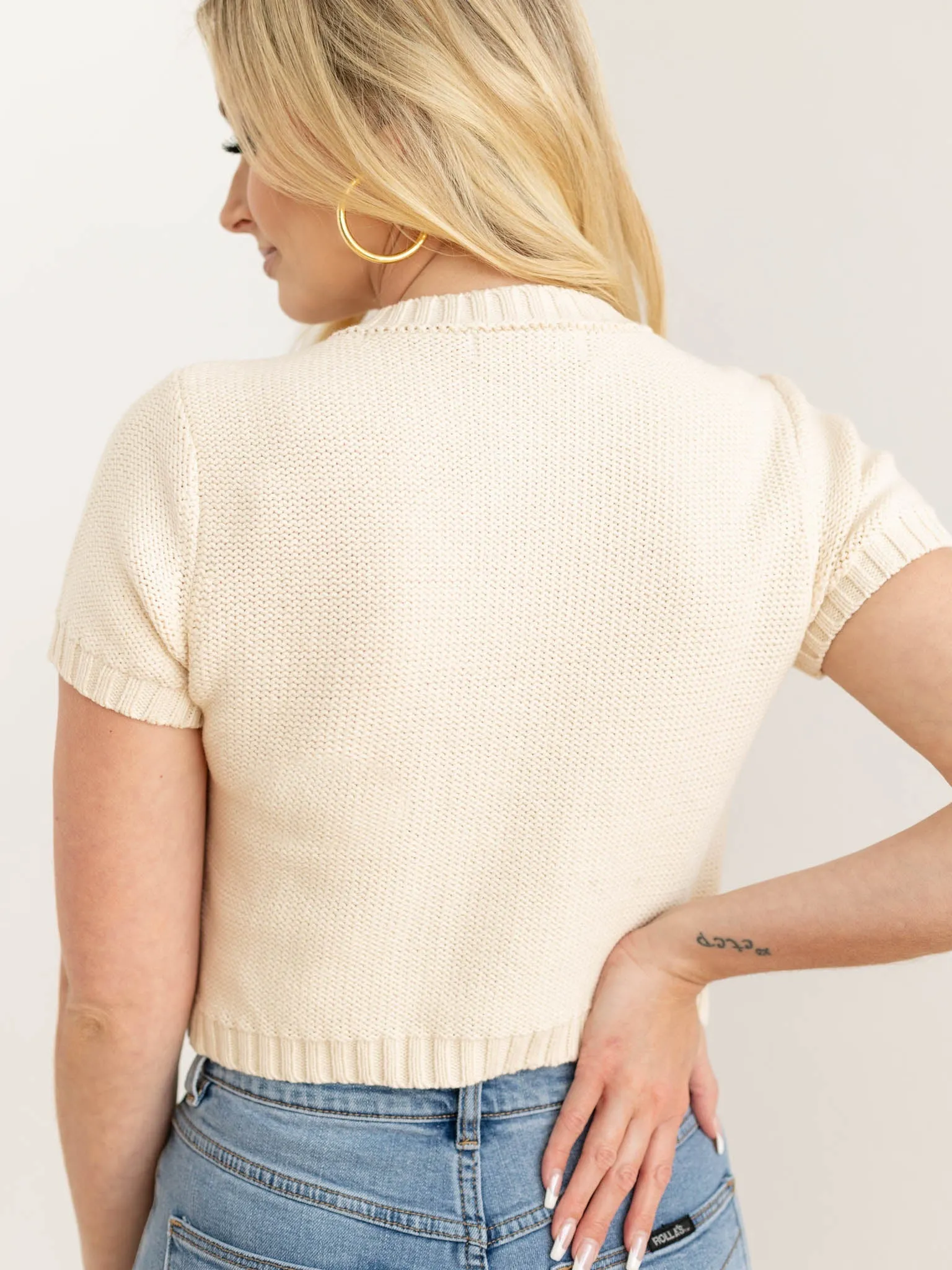 Gold Button Short Sleeve Knit Cardigan
