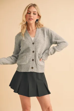 Gray Ribbed Hem Button Down V-Neck Cardigan