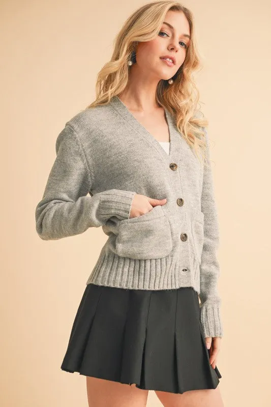 Gray Ribbed Hem Button Down V-Neck Cardigan