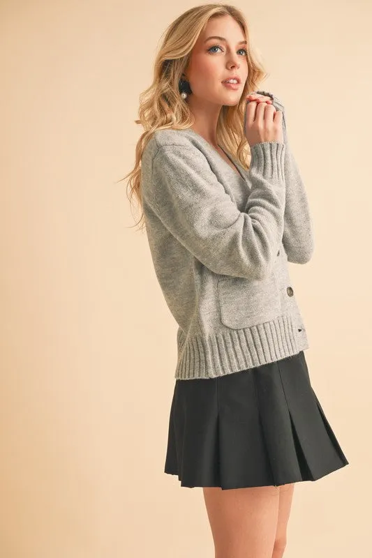 Gray Ribbed Hem Button Down V-Neck Cardigan