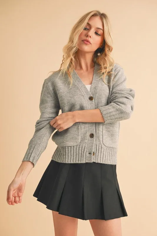 Gray Ribbed Hem Button Down V-Neck Cardigan