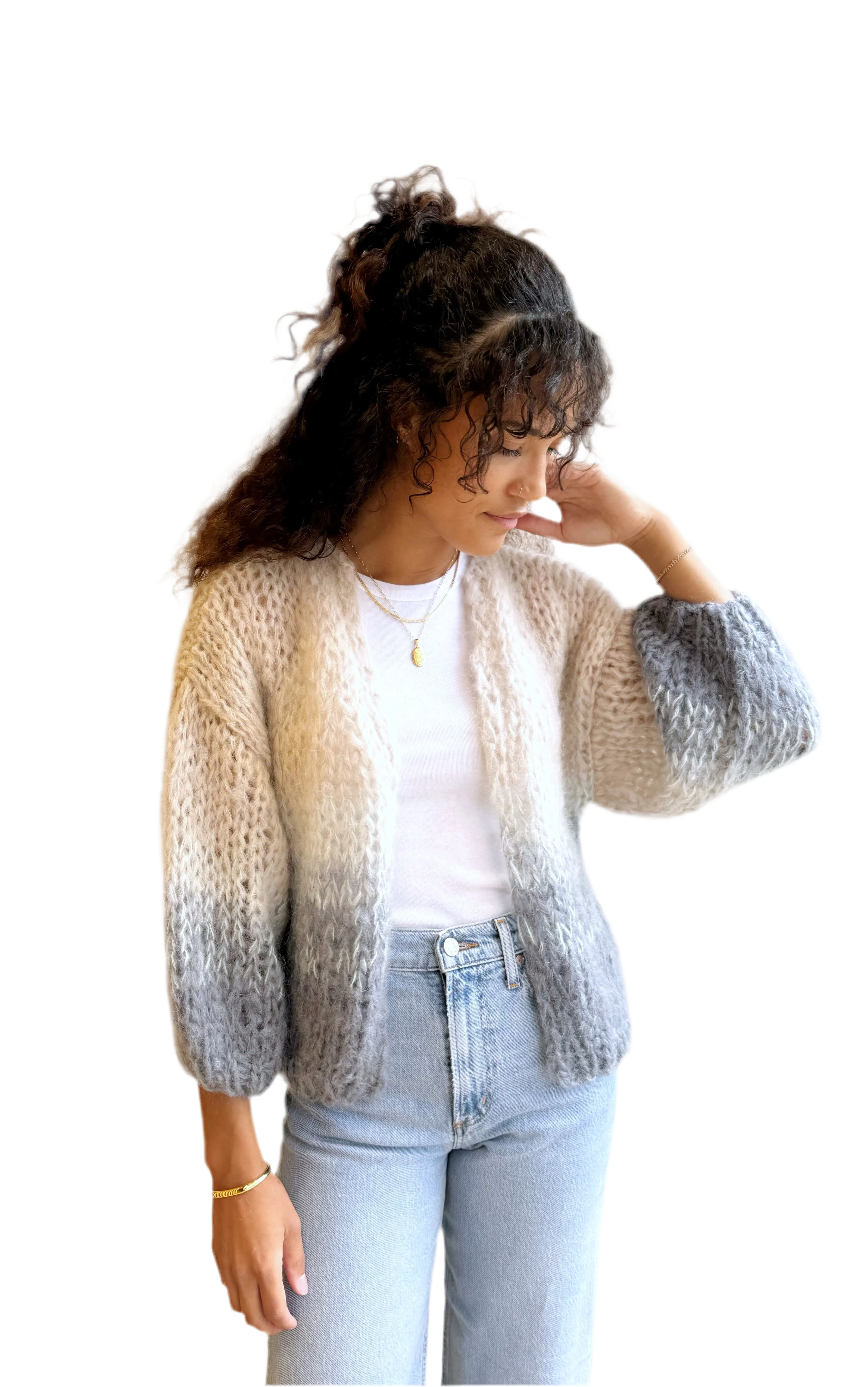 Grey tan mohair bomber cardigan