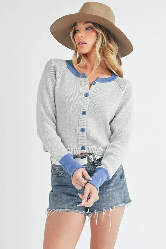 Hazel Blues® |  Aemi   Co Contrast Trim Button Down Raglan Sleeve Cardigan