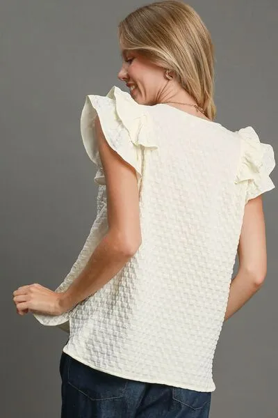 Hazel Blues® | Umgee Textured Jacquard V-Neck Ruffle Cap Sleeve Blouse