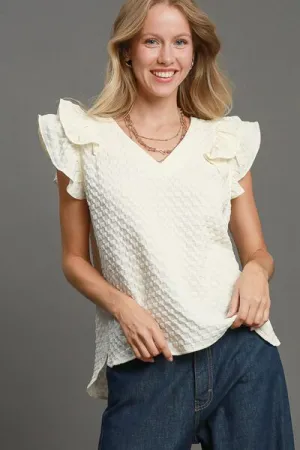 Hazel Blues® | Umgee Textured Jacquard V-Neck Ruffle Cap Sleeve Blouse