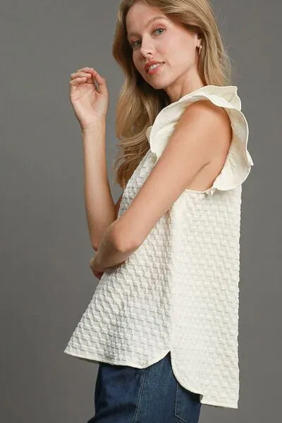 Hazel Blues® | Umgee Textured Jacquard V-Neck Ruffle Cap Sleeve Blouse
