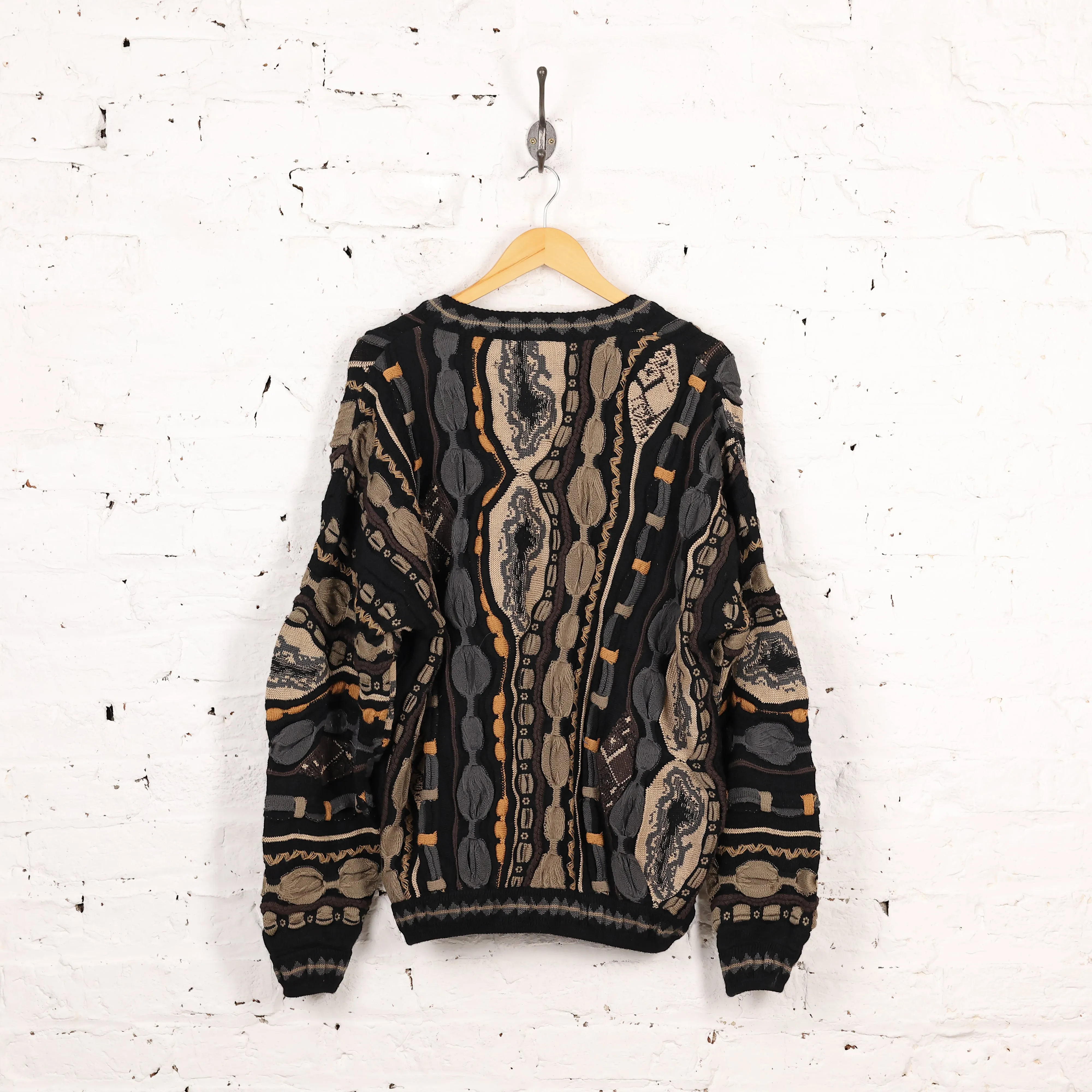 Headlock Vintage Texture Knit Pattern Cardigan - Black/ Grey/ Beige - XL