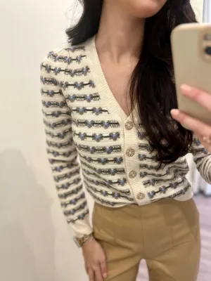 HEb9a ivory cardigan w/ blue & brown detail & pearl buttons