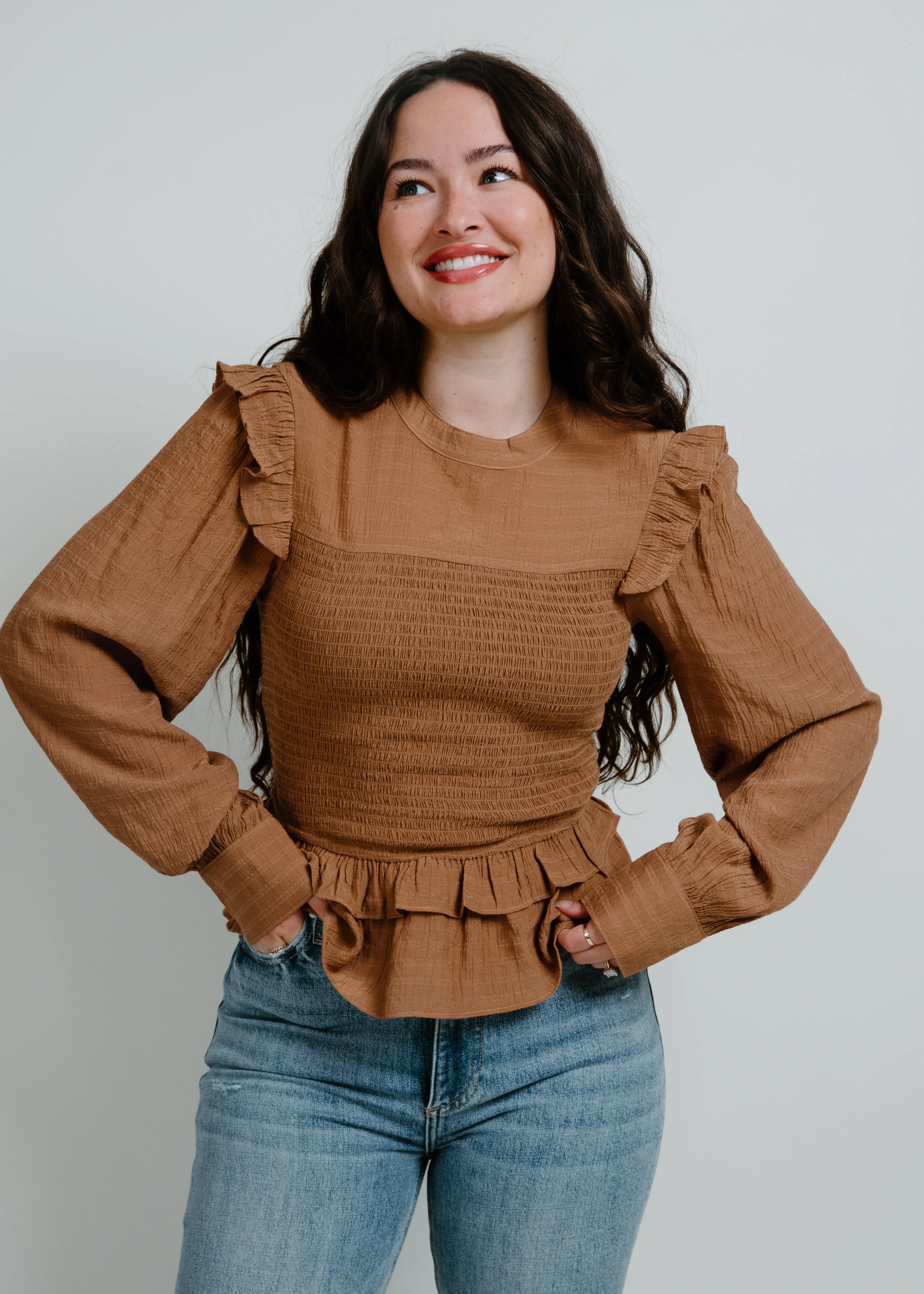 Hilary Smocked Ruffle Top - Mocha