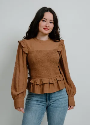 Hilary Smocked Ruffle Top - Mocha