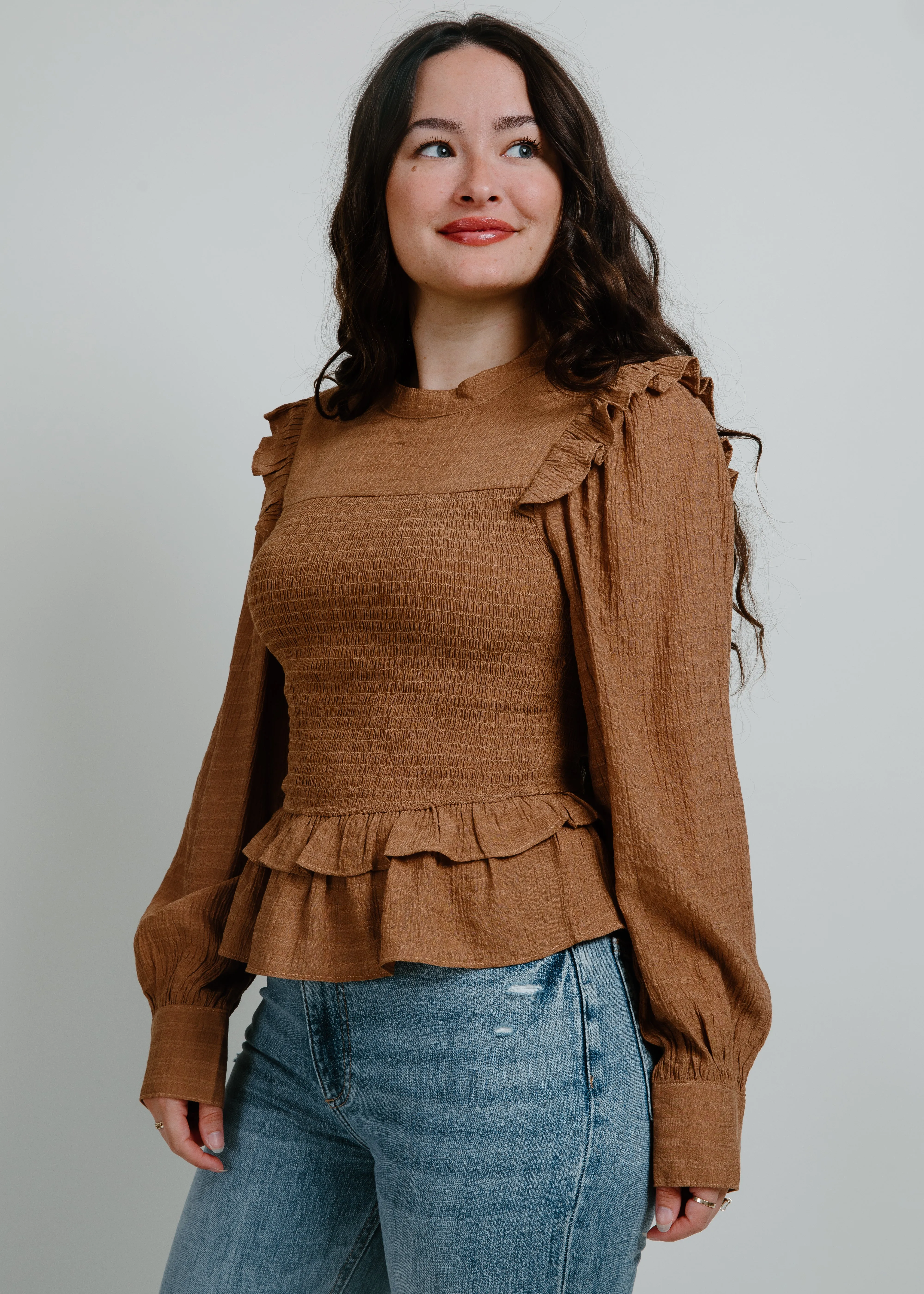 Hilary Smocked Ruffle Top - Mocha