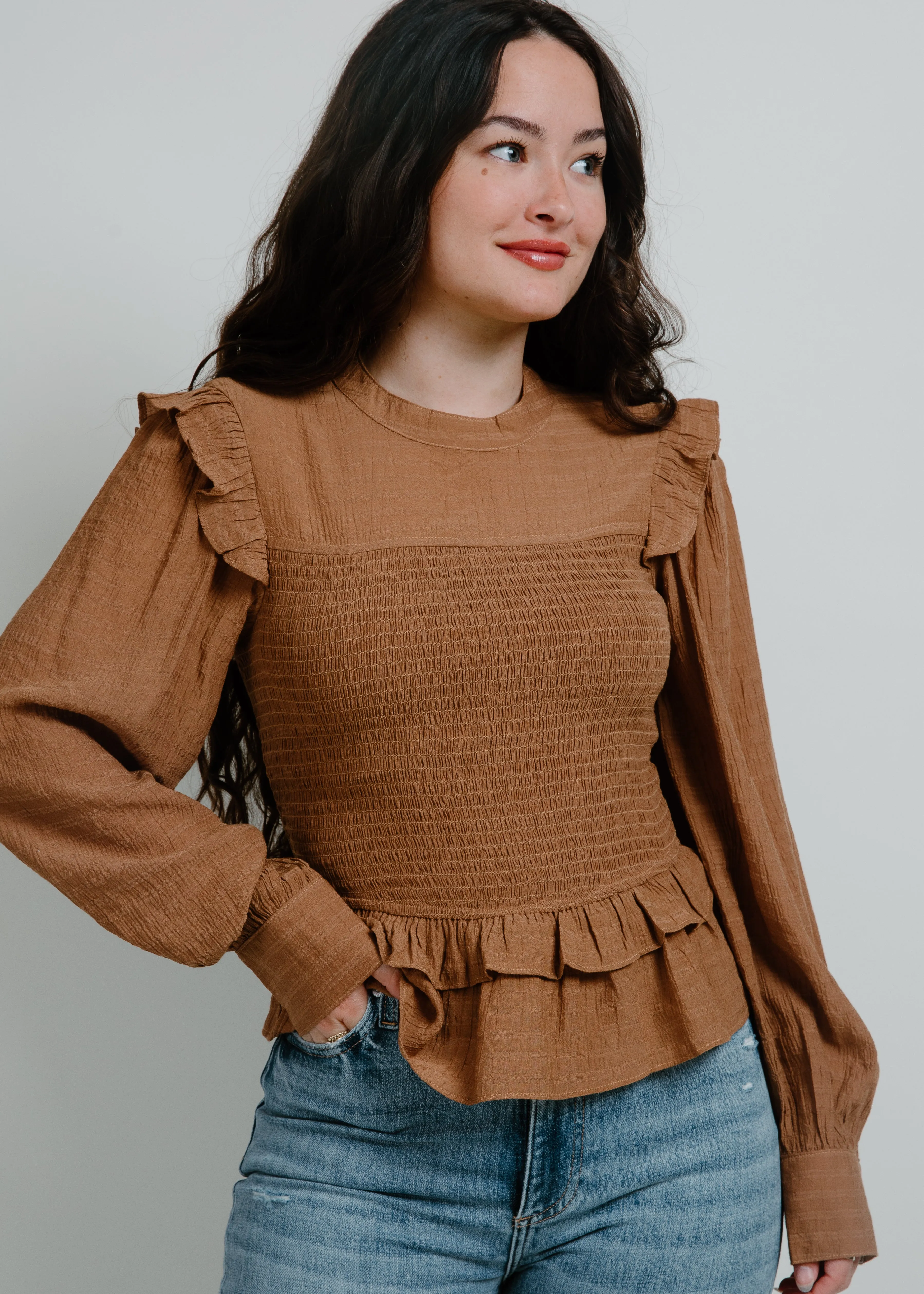 Hilary Smocked Ruffle Top - Mocha