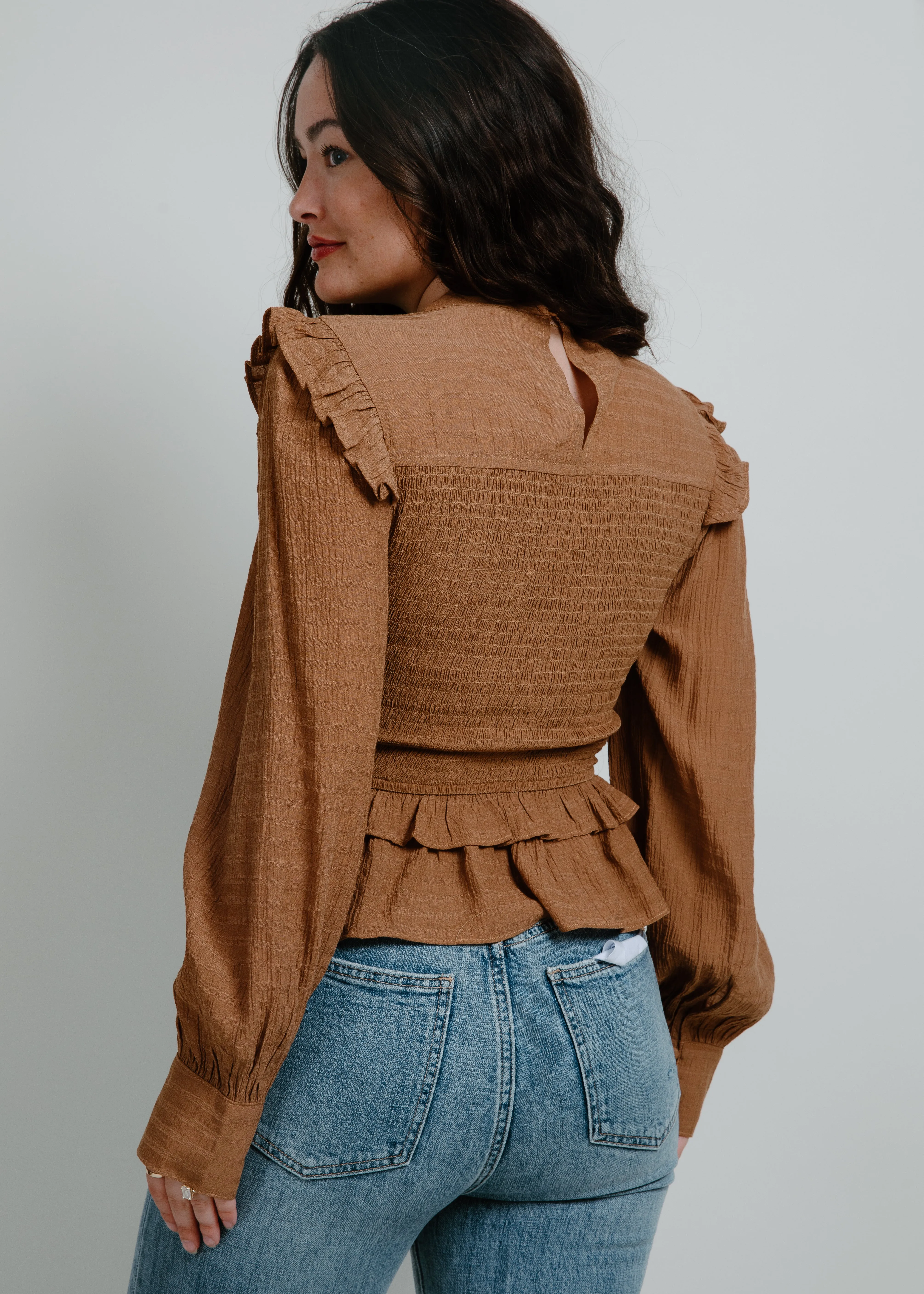 Hilary Smocked Ruffle Top - Mocha