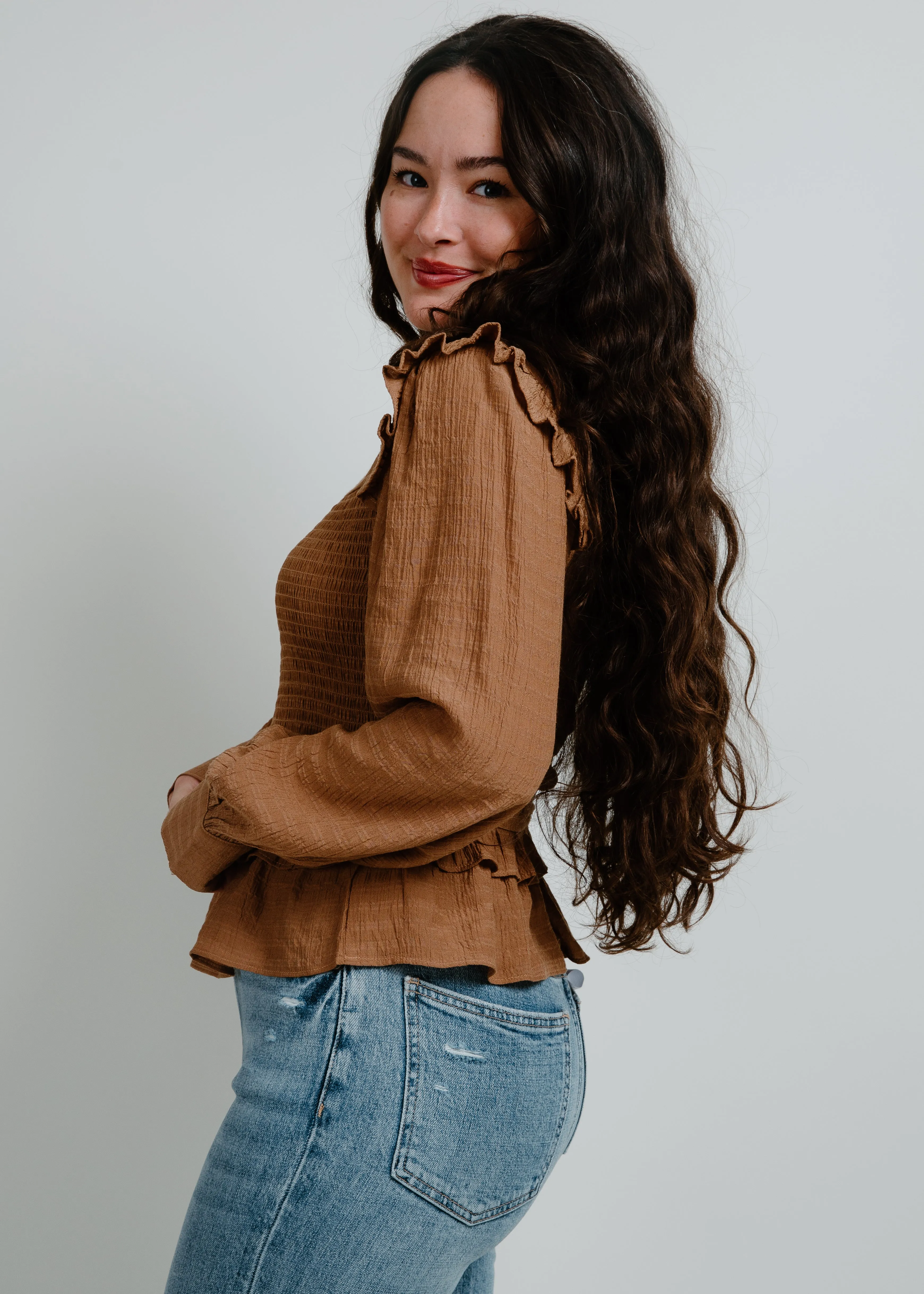 Hilary Smocked Ruffle Top - Mocha