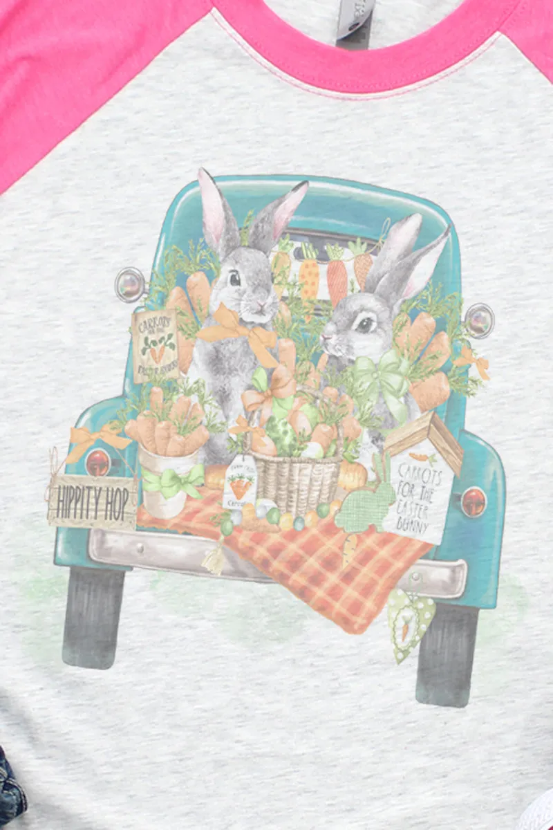 Hippity Hop Bunny Truck Tri-Blend Unisex 3/4 Raglan