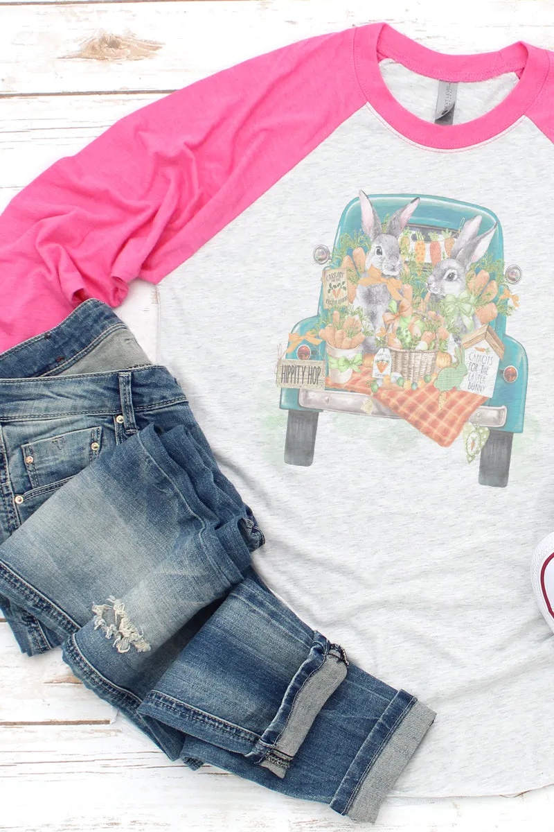 Hippity Hop Bunny Truck Tri-Blend Unisex 3/4 Raglan