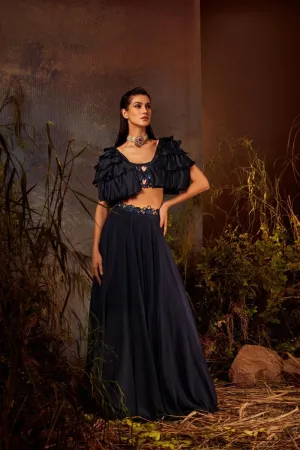 IRIS Mid night blue ruffle cape lehenga set