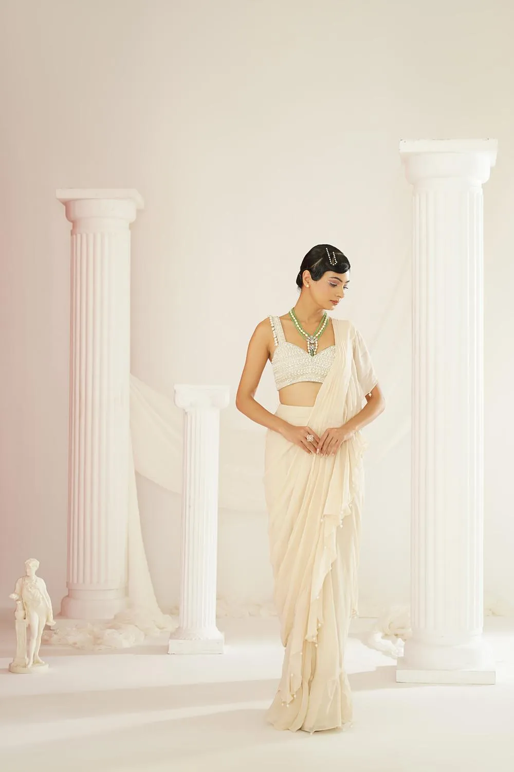 Ivory Embroidered Blouse With Ready To Wear Ruffle Saree Set