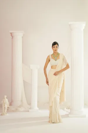Ivory Embroidered Blouse With Ready To Wear Ruffle Saree Set