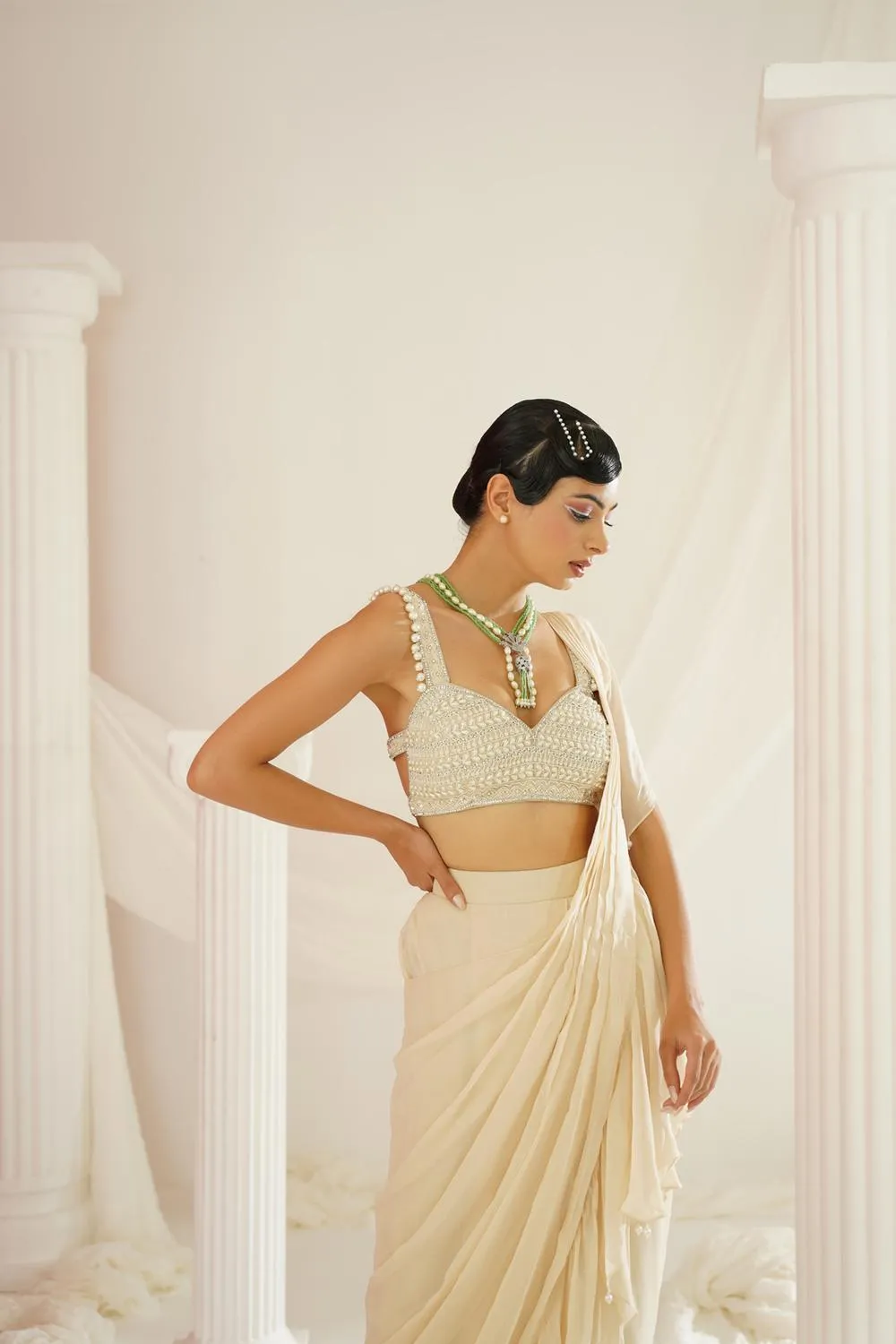 Ivory Embroidered Blouse With Ready To Wear Ruffle Saree Set