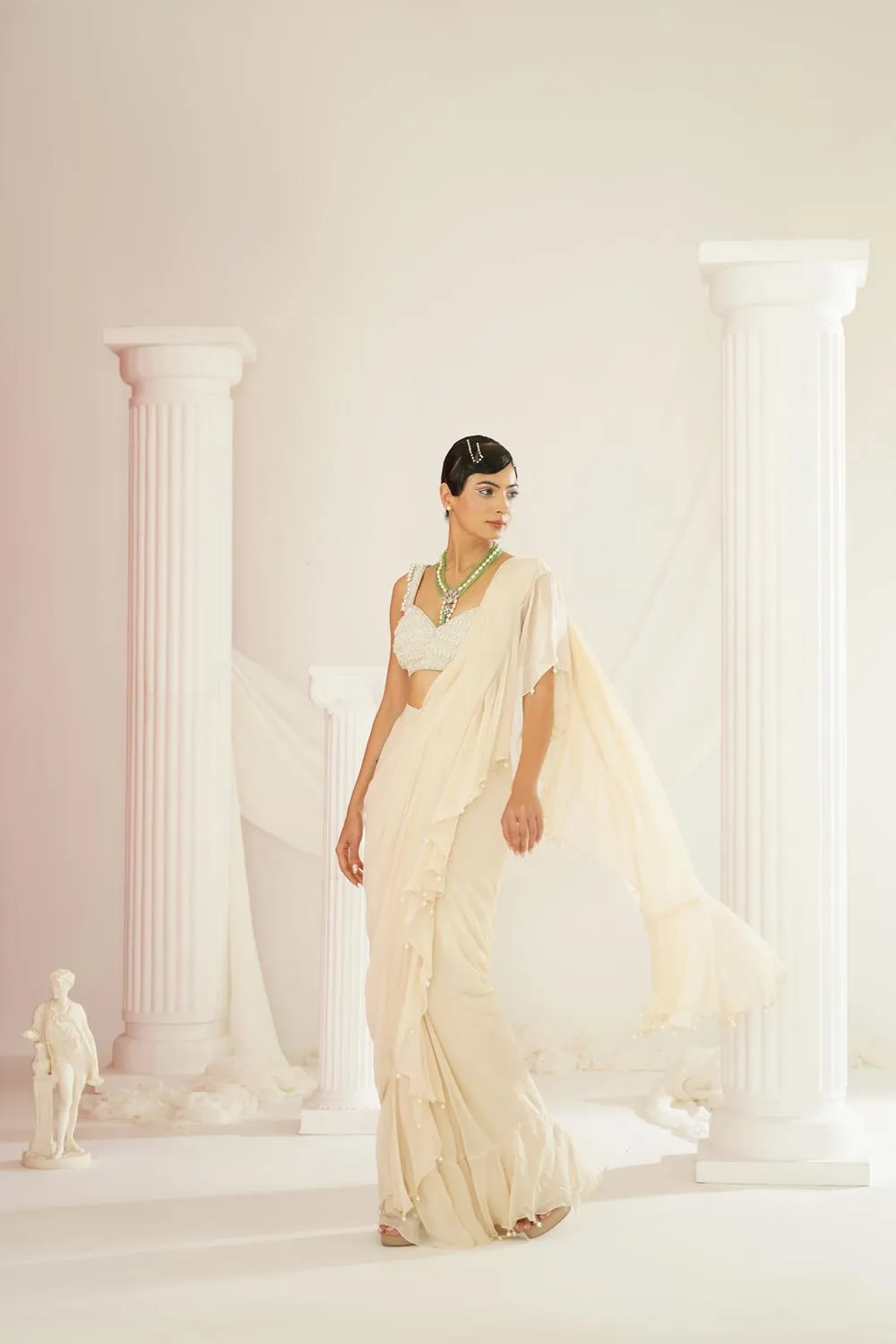 Ivory Embroidered Blouse With Ready To Wear Ruffle Saree Set