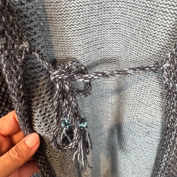 J. Jill Cardigan Sweater Size Medium Long Duster Blue Tie Front Open Tassle Wool