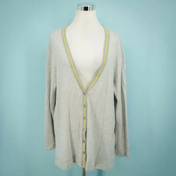 J Jill Size Extra Large XL Stripe Wool Blend Contrast Trim Gray Cardigan Sweater