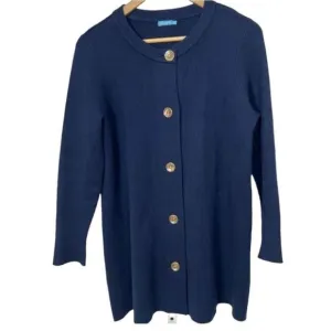 J. McLAUGHLIN Women’s Button Front Ribbed Cotton Blend Long Cardigan Blue Medium