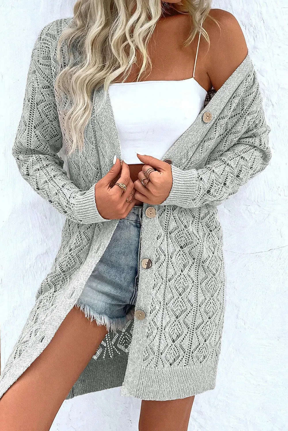 Janie Openwork Button Down Long Sleeve Cardigan