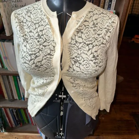 Julie Brown NYC cashmere cream lace front S luxe cardigan
