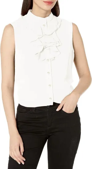 Kasper Women's Plus Size Sleeveless Ruffle Button Up Blouse Lily White 18W