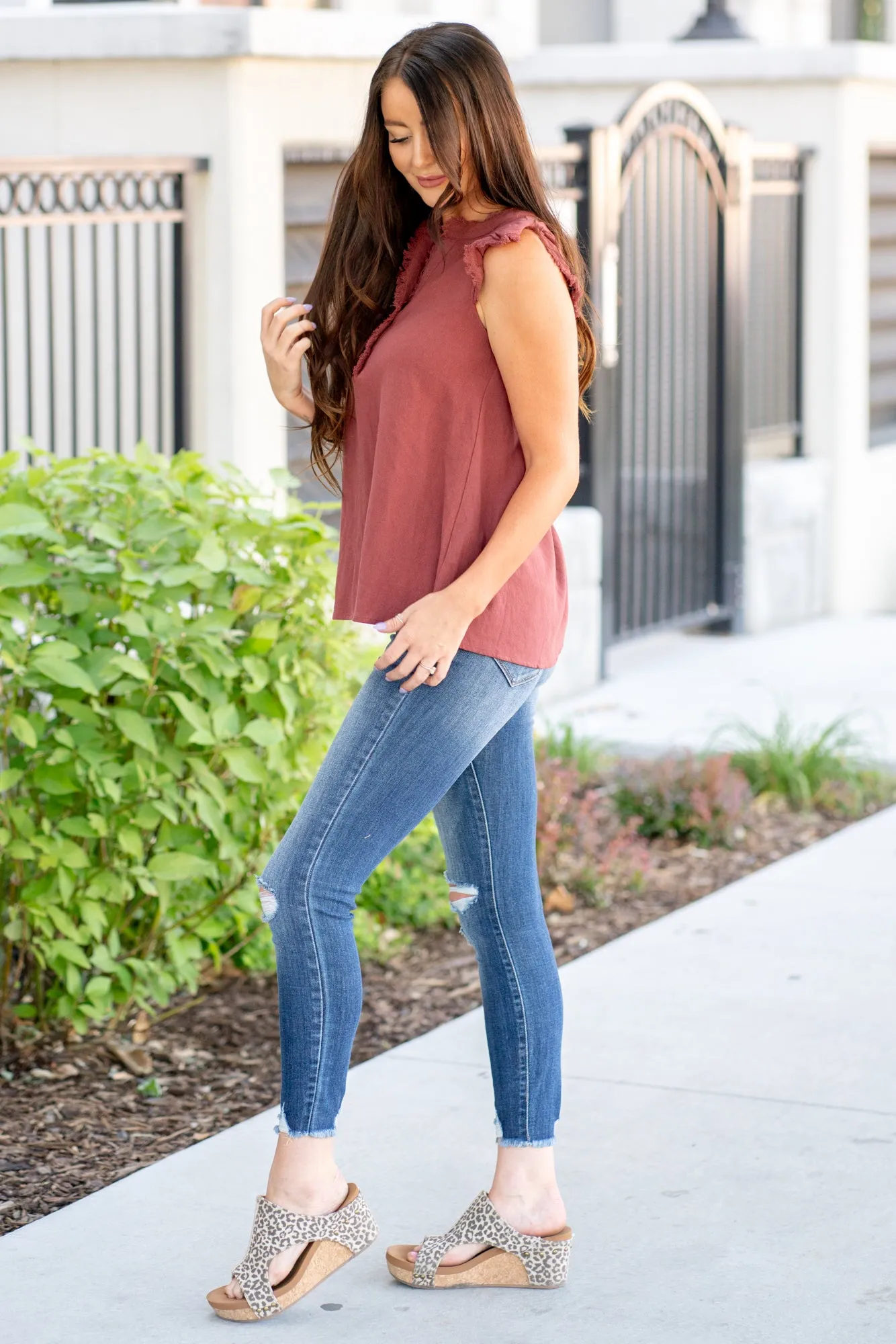 Kenzie Ruffle Shoulder Knit Top - Brick
