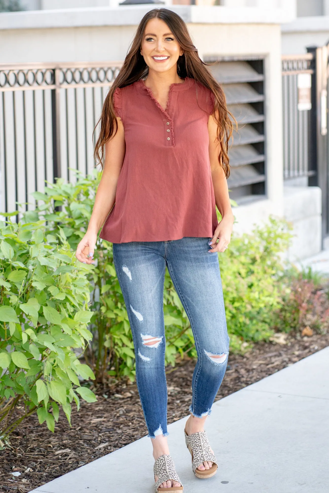 Kenzie Ruffle Shoulder Knit Top - Brick