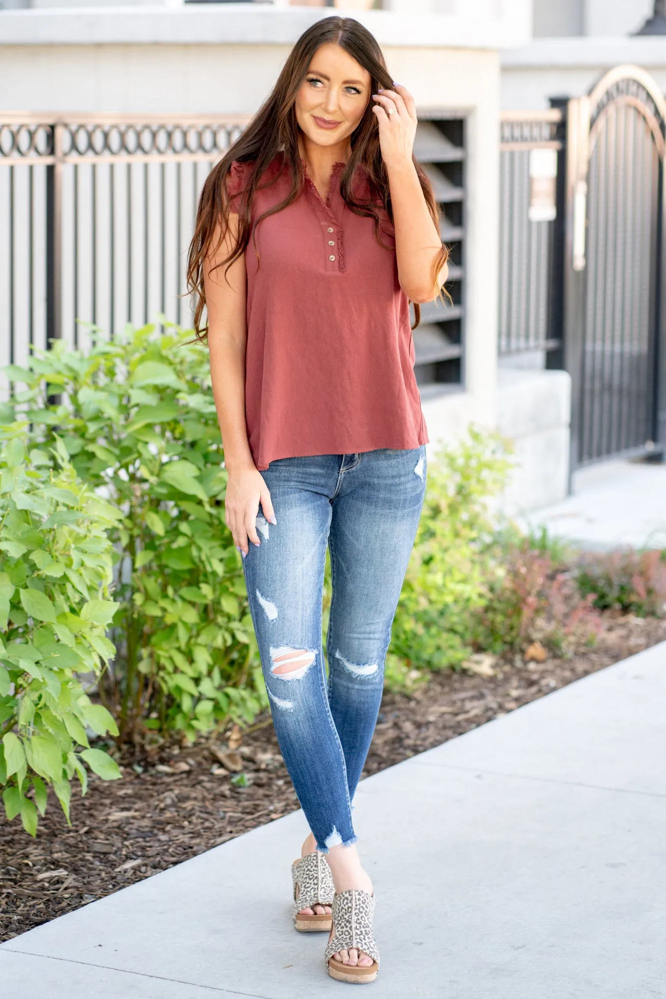 Kenzie Ruffle Shoulder Knit Top - Brick