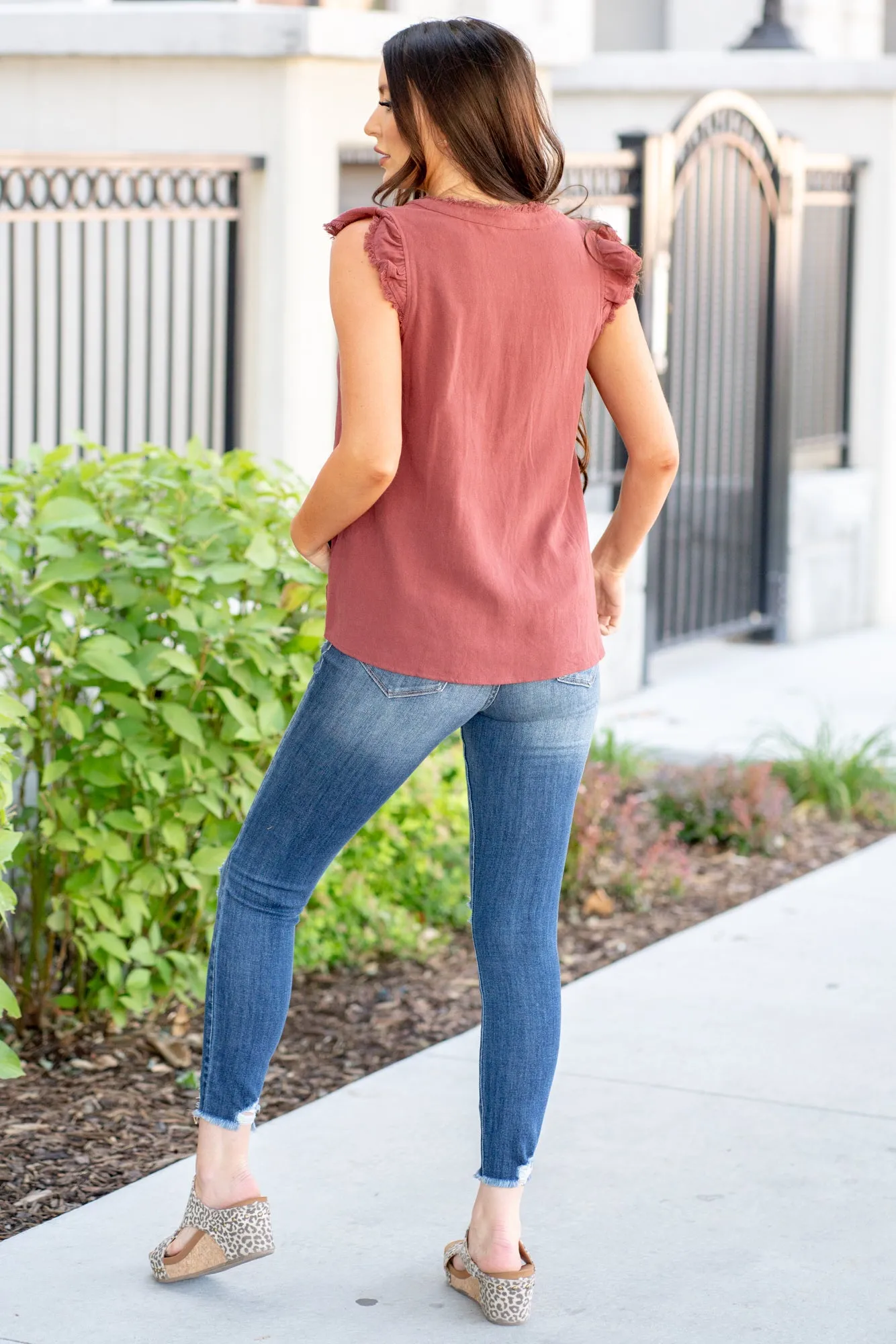 Kenzie Ruffle Shoulder Knit Top - Brick